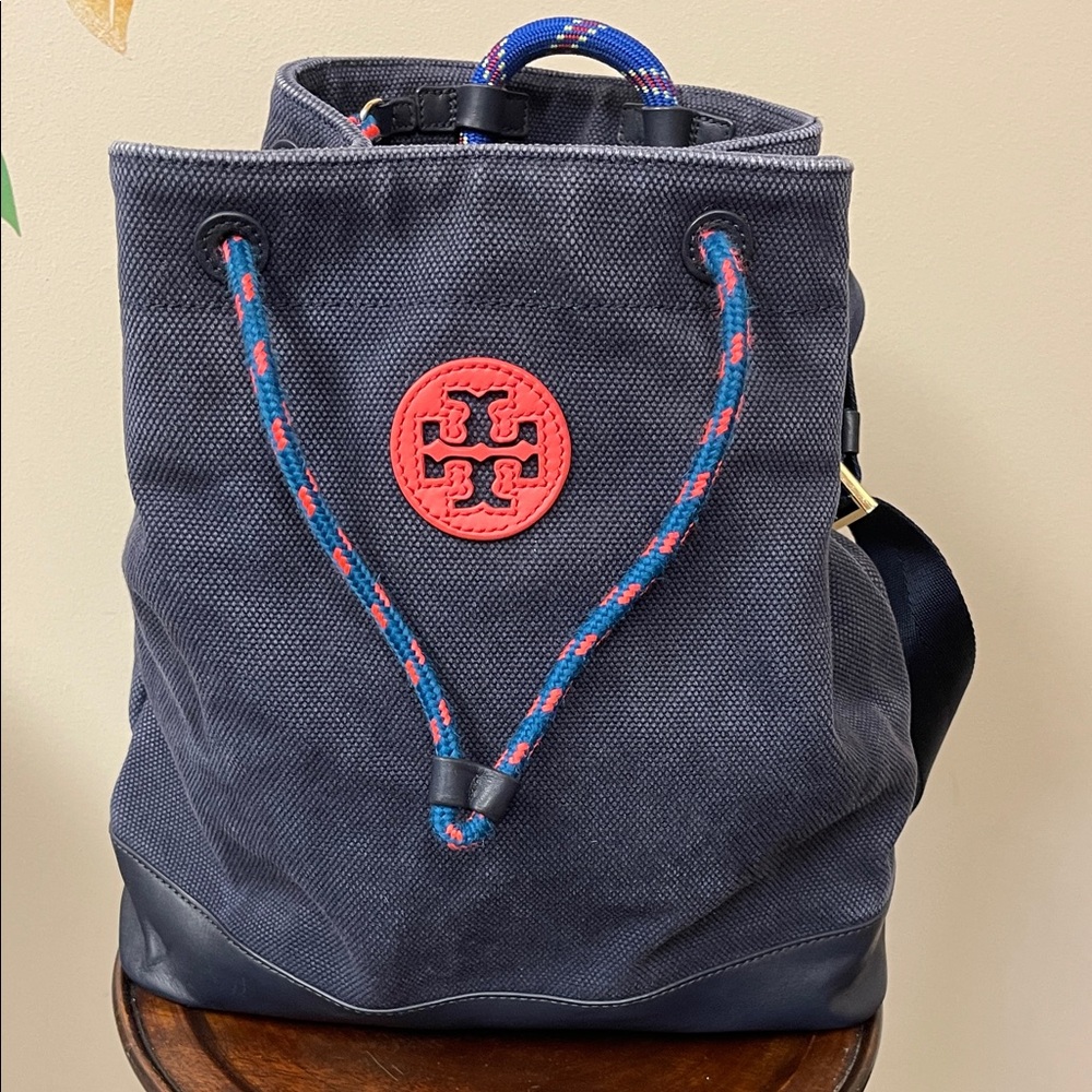 Tory Burch Kellyn Navy Blue Drawstring Backpack Denim Canvas 12x13x7” Rare